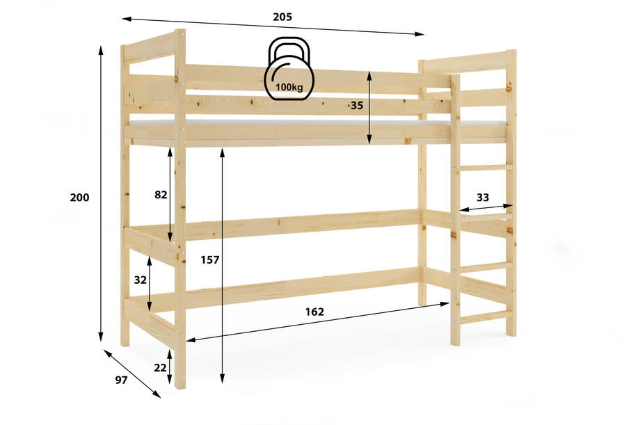 Lit mezzanine pour jeunes – bois naturel 90x200