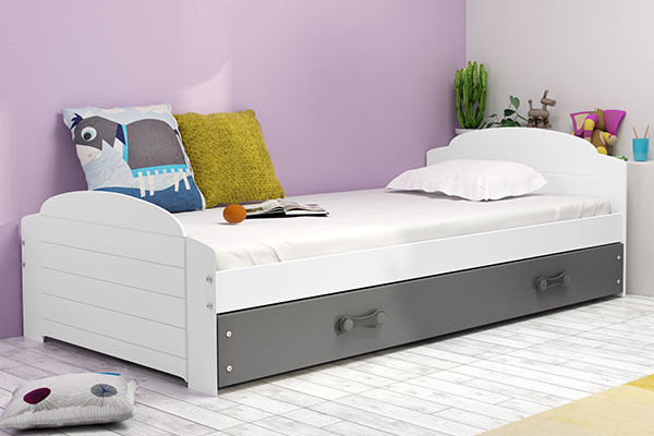 Lit ado simple Lili 90X200 avec tiroir, blanc/gris
