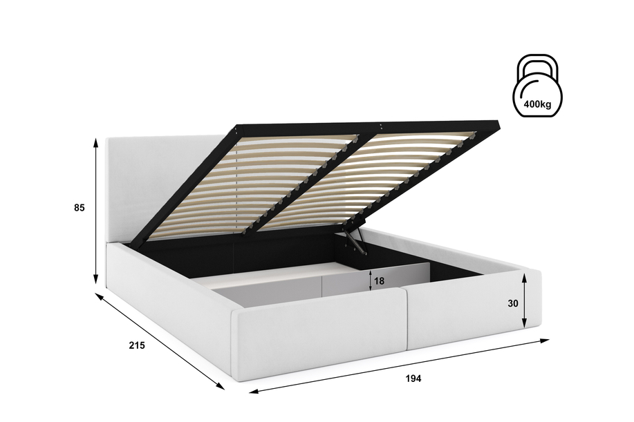Lit double rembourré Le Hilton 180X200 avec coffre, blanc