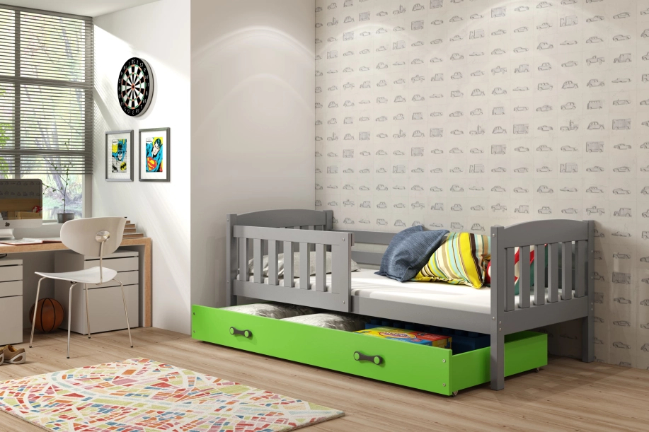 Lit ado simple Jacquot 80X190 avec tiroir, gris/vert