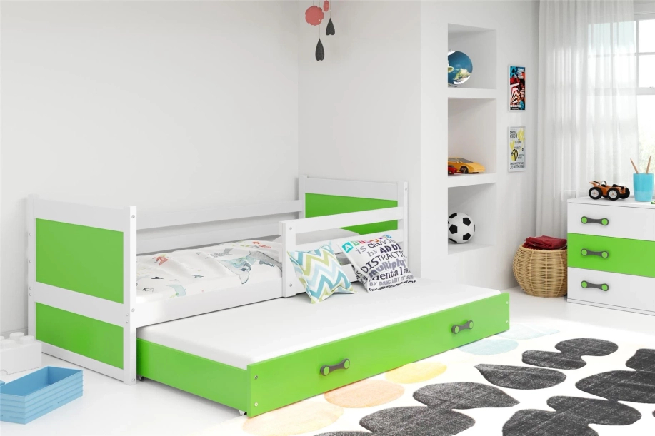 Lit ado gigogne Rico 90X190 avec matelas et tiroir, blanc/vert