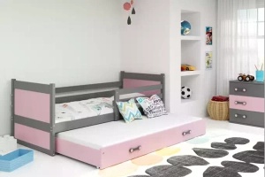Lit ado gigogne Rico 90X190 avec matelas et tiroir, gris/rose