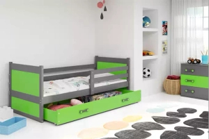 Lit ado simple Rico 90X190 avec matelas et tiroir, gris/vert