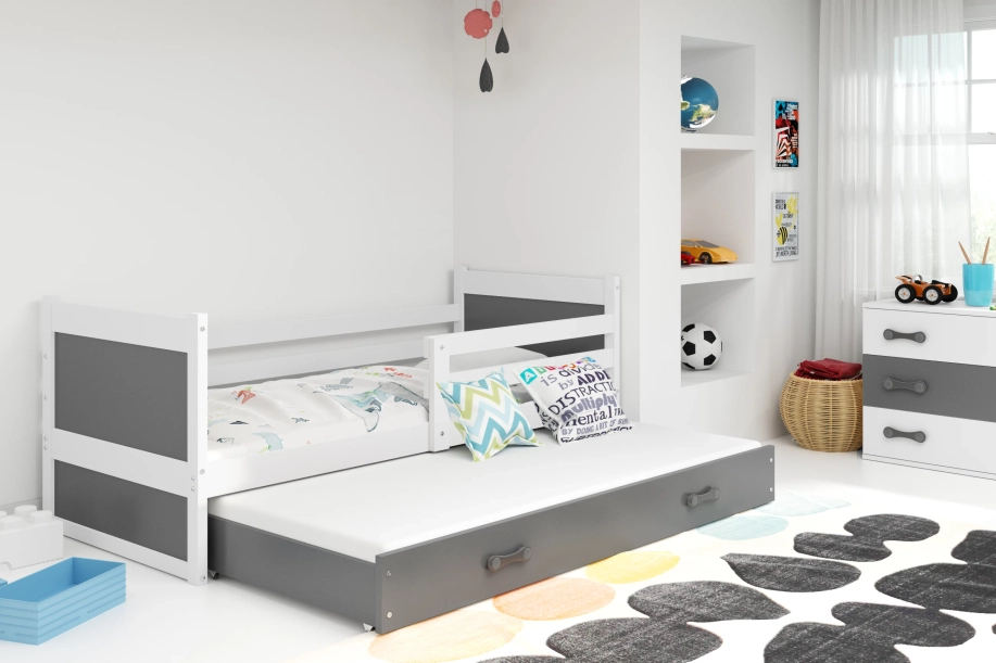 Lit ado gigogne Rico 90X200 avec matelas et tiroir, blanc/gris