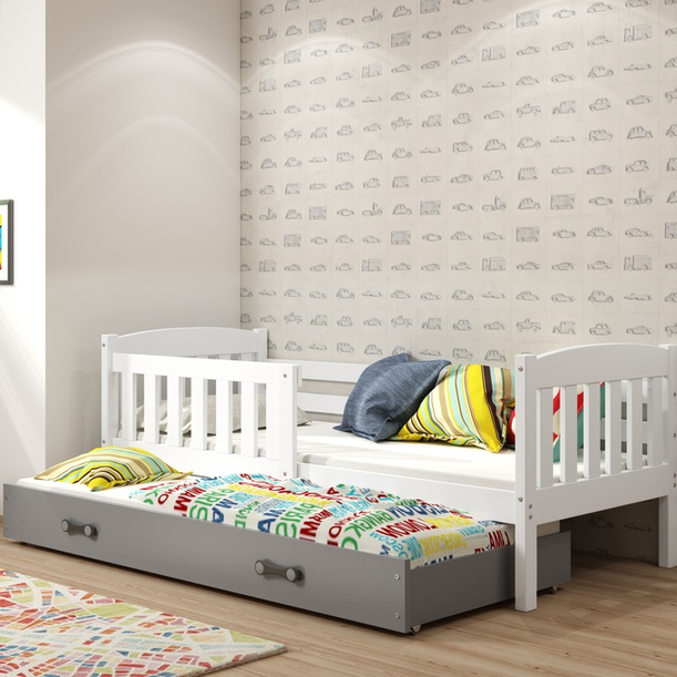 Lit ado gigogne Jacquot 90X190 avec tiroir, blanc/gris