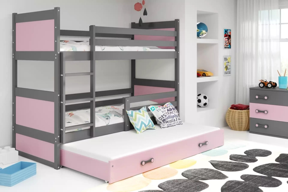 Lit ado superposé 3 places Rico 90X190 avec matelas et tiroir, gris/rose
