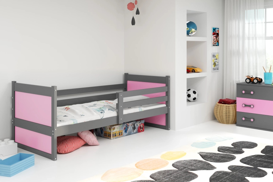 Lit ado simple Rico 90X200 avec matelas, gris/rose