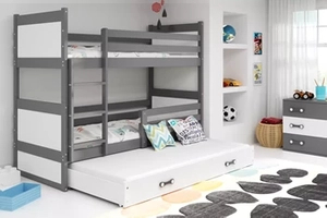 Lit ado superposé 3 places Rico 90X200 avec matelas et tiroir, gris/blanc