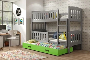 Lit ado superposé 3 places Jacquot 90X190 avec matelas et tiroir, gris/vert