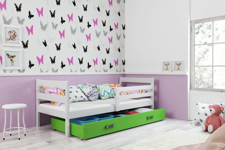 Lit ado simple Éric 80X190 avec matelas et tiroir, blanc/vert