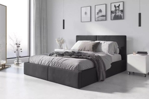 Lit double rembourré Le Hilton 160X200 avec matelas et coffre, graphite