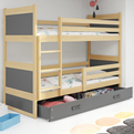 Lit ado superposé Rico 90X200 avec matelas et tiroir, pin/gris