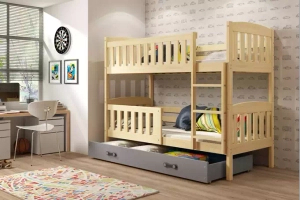 Lit ado superposé Jacquot 90X190 avec matelas et tiroir, pin/gris