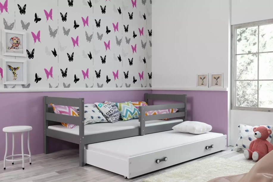 Lit ado gigogne Éric 90X190 avec matelas et tiroir, gris/blanc
