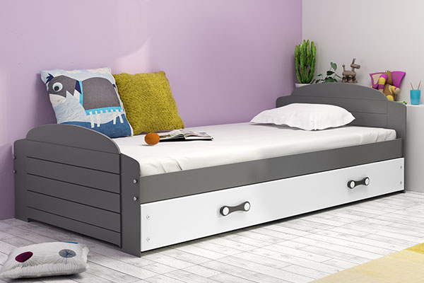 Lit ado simple Lili 90X200 avec matelas et tiroir, gris/blanc