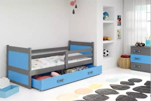 Lit ado simple Rico 90X190 avec matelas et tiroir, gris/bleu