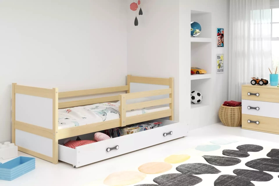 Lit ado simple Rico 90X190 avec matelas et tiroir, pin/blanc
