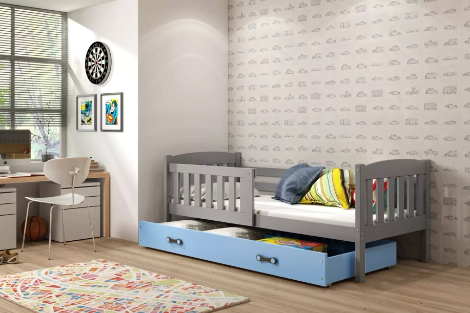 Lit ado simple Jacquot 90X190 avec tiroir, gris/bleu