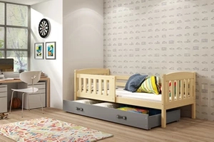 Lit ado simple Jacquot 80X190 avec matelas et tiroir, pin/gris