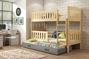 Lit ado superposé 3 places Jacquot 90X200 avec matelas et tiroir, pin/gris