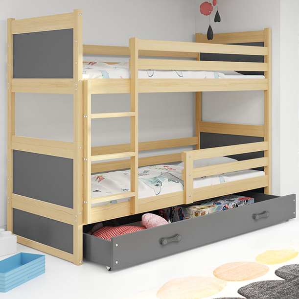 Lit ado superposé Rico 90X200 avec matelas et tiroir, pin/gris
