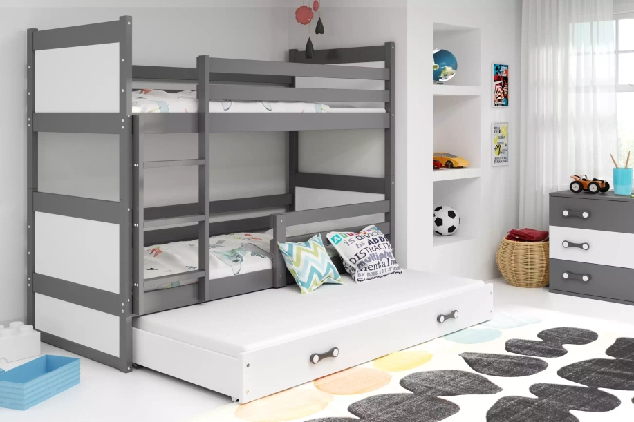 Lit ado superposé 3 places Rico 90X200 avec matelas et tiroir, gris/blanc