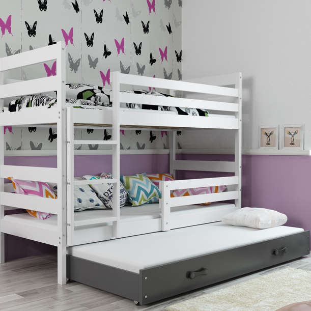 Lit ado superposé 3 places Éric 90X200 avec matelas et tiroir, blanc/gris