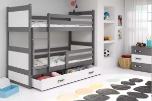Lit ado superposé Rico 90X190 avec matelas et tiroir, gris/blanc