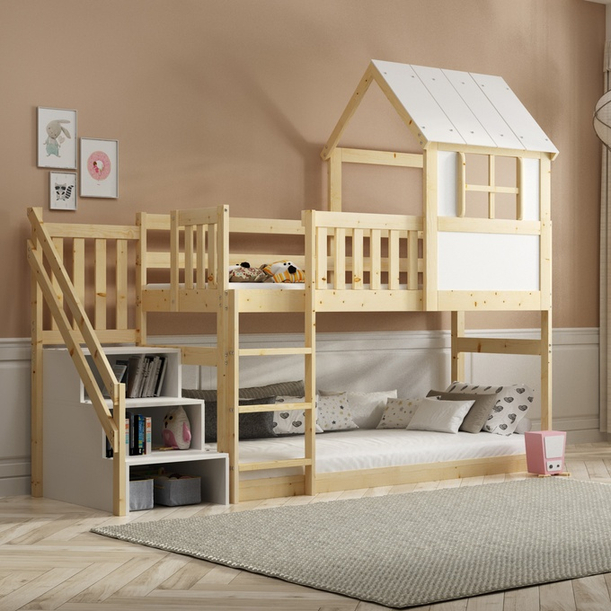 Lit mezzanine cabane avec escaliers et toit – mezzanine en bois naturel 90x200
