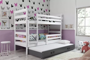 Lit ado superposé 3 places Éric 90X200 avec matelas et tiroir, blanc/gris