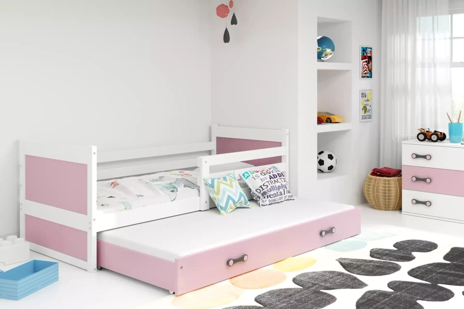 Lit ado gigogne Rico 90X190 avec matelas et tiroir, blanc/rose