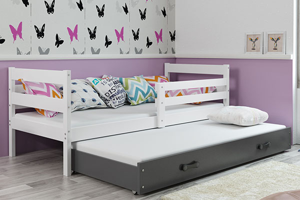 Lit ado gigogne Éric 80X190 avec matelas et tiroir, blanc/gris
