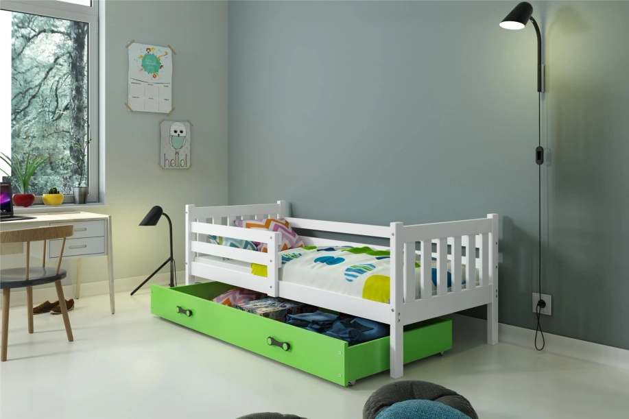 Lit ado simple Carino 90X190 avec matelas et tiroir, blanc/vert