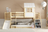 Lit mezzanine cabane avec toboggan, toit et escaliers – mezzanine en bois naturel 90x200