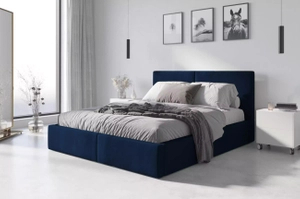 Lit double rembourré Le Hilton 160X200 avec matelas et coffre, bleu