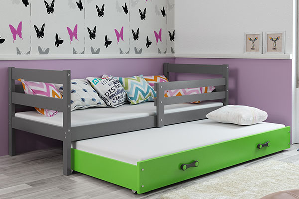 Lit ado gigogne Éric 90X200 avec matelas et tiroir, gris/vert