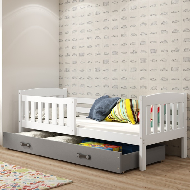 Lit ado simple Jacquot 90X190 avec tiroir, blanc/gris