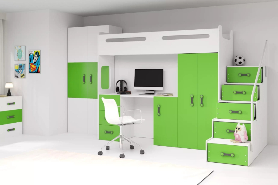 Lit ado simple Max 4 80X200 mezzanine avec bureau, vert
