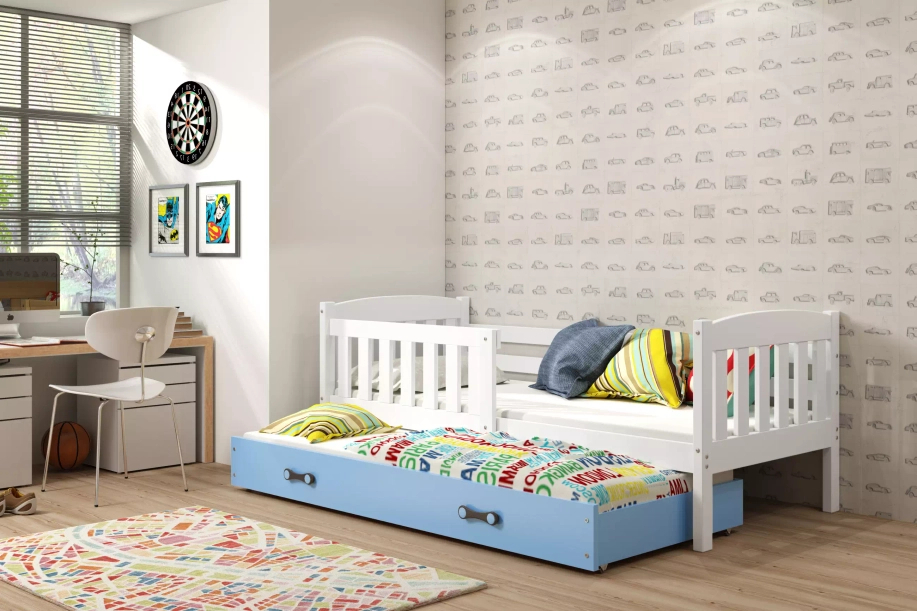 Lit ado gigogne Jacquot 80X190 avec matelas et tiroir, blanc/bleu