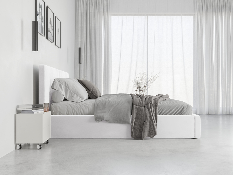 Lit double rembourré Le Hilton 140X200 avec matelas et coffre, blanc
