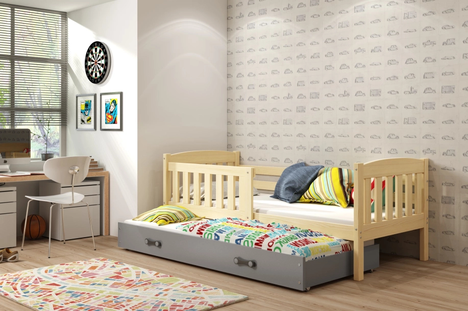 Lit ado gigogne Jacquot 80X190 avec matelas et tiroir, pin/gris