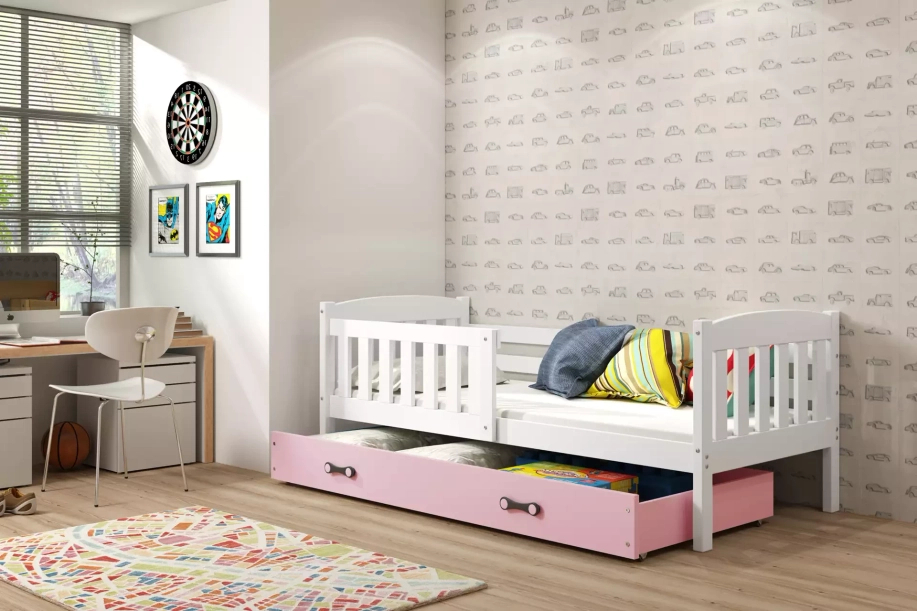 Lit ado simple Jacquot 90X190 avec matelas et tiroir, blanc/rose
