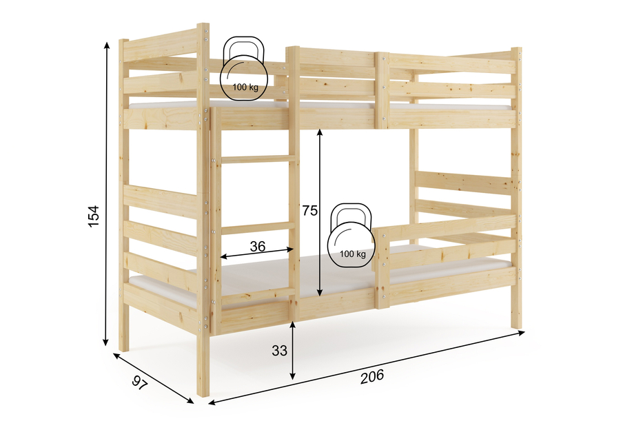 Lit ado superposé Éric 90X200 avec matelas, bois naturel