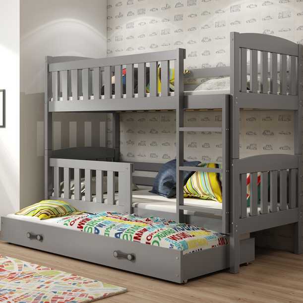 Lit ado superposé 3 places Jacquot 90X200 avec matelas et tiroir, gris