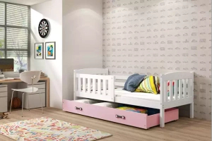 Lit ado simple Jacquot 90X190 avec matelas et tiroir, blanc/rose