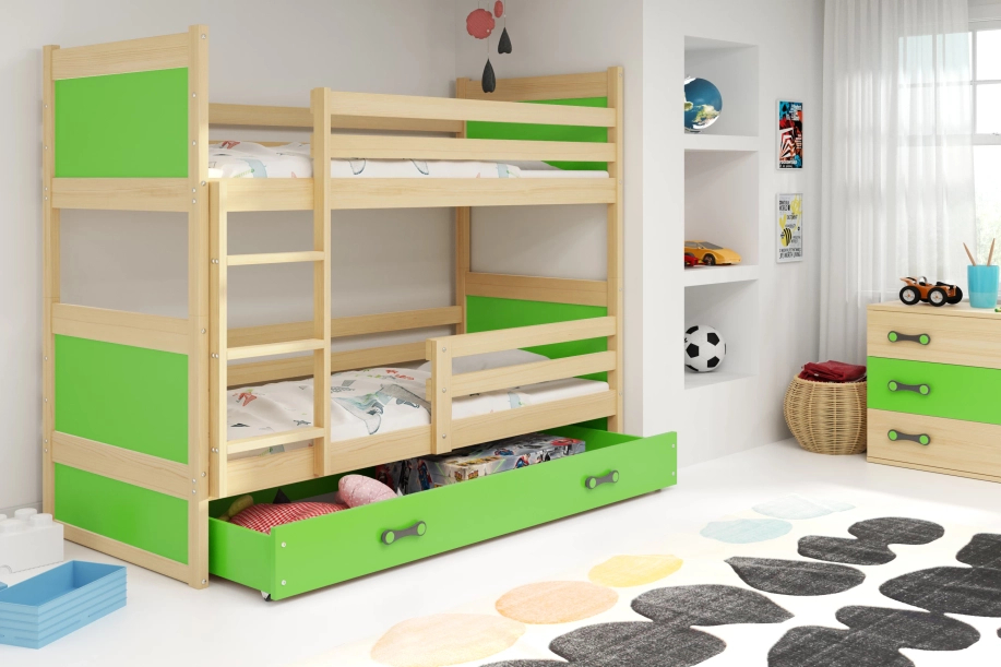 Lit ado superposé Rico 90X200 avec matelas et tiroir, pin/vert