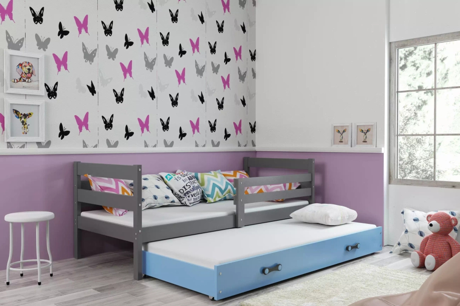 Lit ado gigogne Éric 90X200 avec matelas et tiroir, gris/bleu
