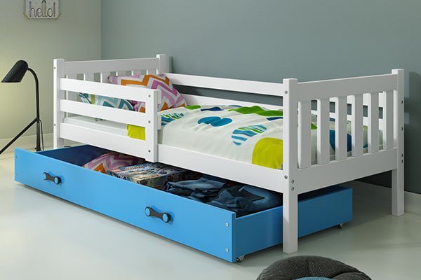 Lit ado simple Carino 90X200 avec matelas et tiroir, blanc/bleu