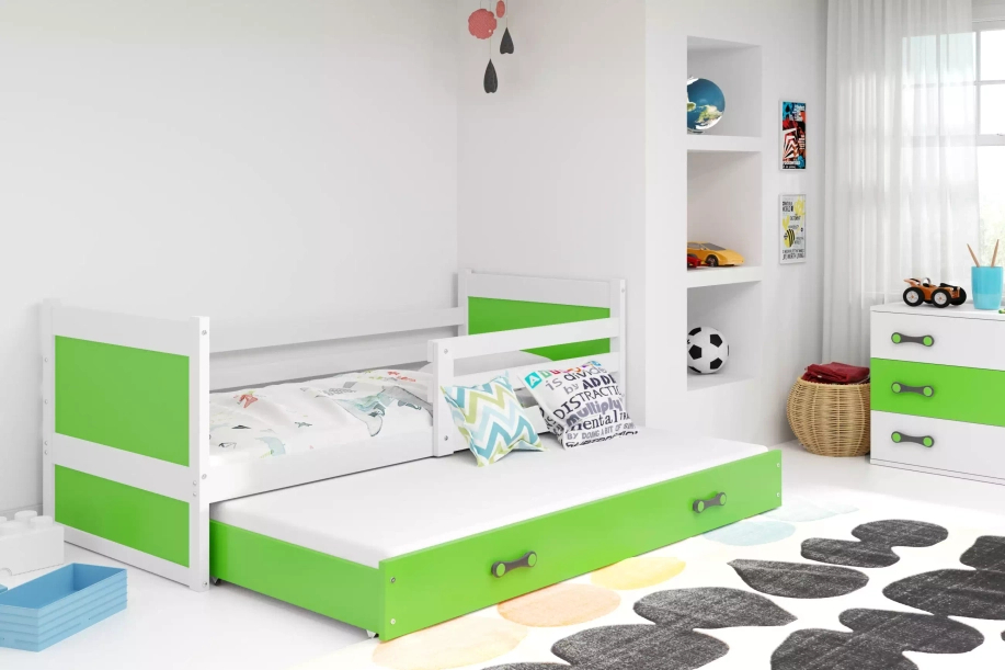 Lit ado gigogne Rico 90x200 avec matelas et tiroir, blanc/vert