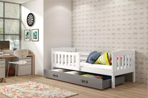 Lit ado simple Jacquot 90X190 avec matelas et tiroir, blanc/gris